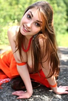 Cute Mila In Sexy Orange Dress Outdoors
