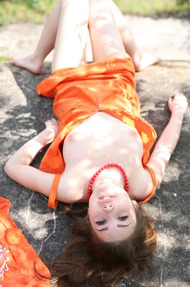 Cute Mila In Sexy Orange Dress Outdoors - 17