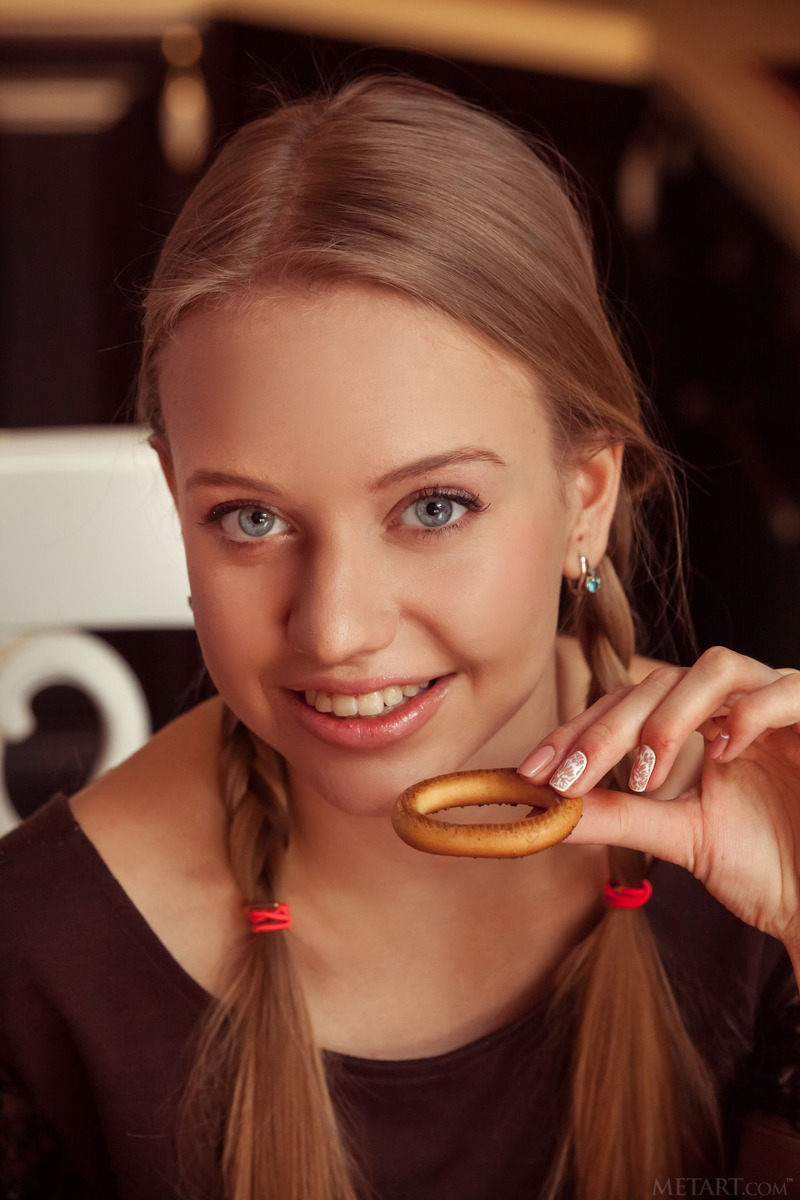 Smiley Blonde Kimberly Kace Spreading In The Kitchen - 